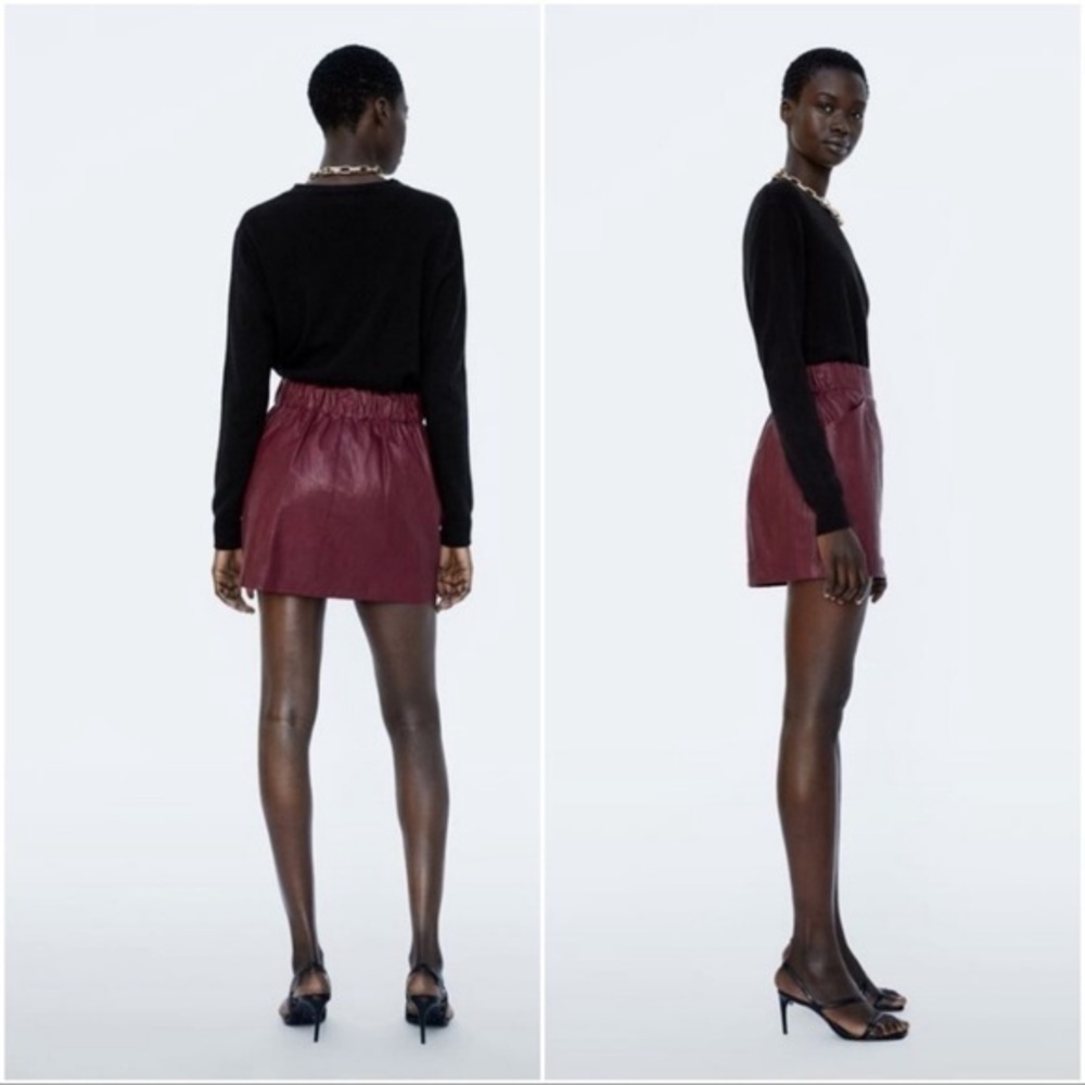 Zara basics red pleather mini skirt with‎ pockets and elastic paper bag waist